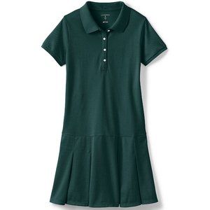 Lands End Girls Polo Dress Short Sleeves with pleated skirt Dark Green size L 12